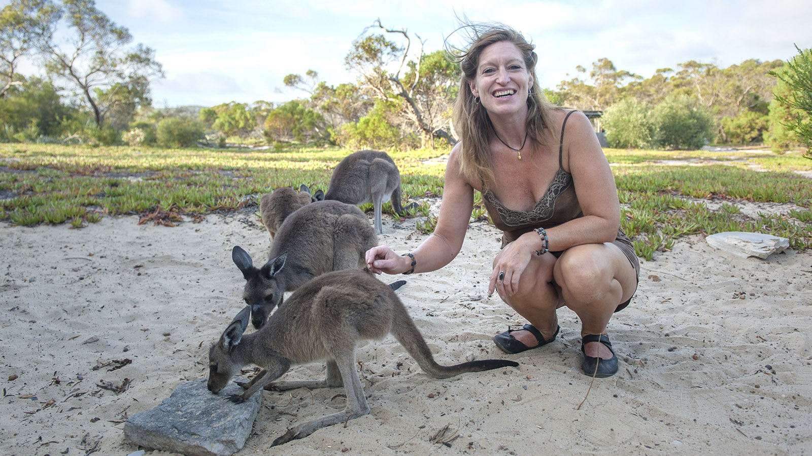 Wilder Süden: Karin hat die Kängurus als Babys aufgepäppelt - bis heute kommen sie abends vorbei für einen kleinen Imbiss. Foto: Hilke Maunder