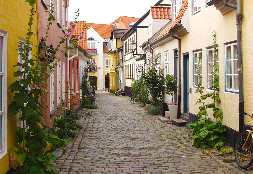 Altstadtflair mit Kopfstein und Stockrosen in Aalborg